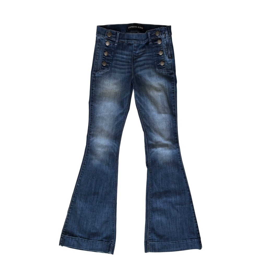 Express Jeans Flare Sailor Front Women 26" 4R Blue Good High Rise Crest Buttons